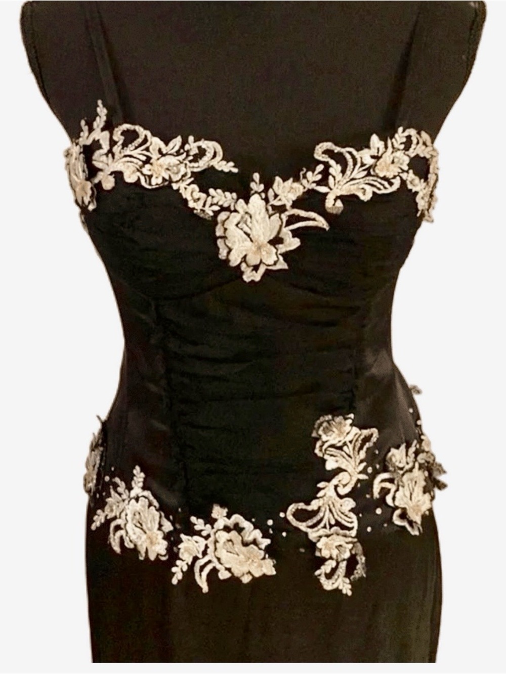 JOVANI 100% Silk Black 2-Piece Gown with Gold Floral Appliqué Accents